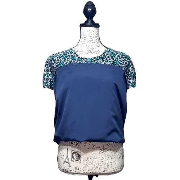 J. Crew Dress Sz 4 Navy Green Medallion Short Sleeve Shift Swoop Neck Lined - Picture 9 of 15